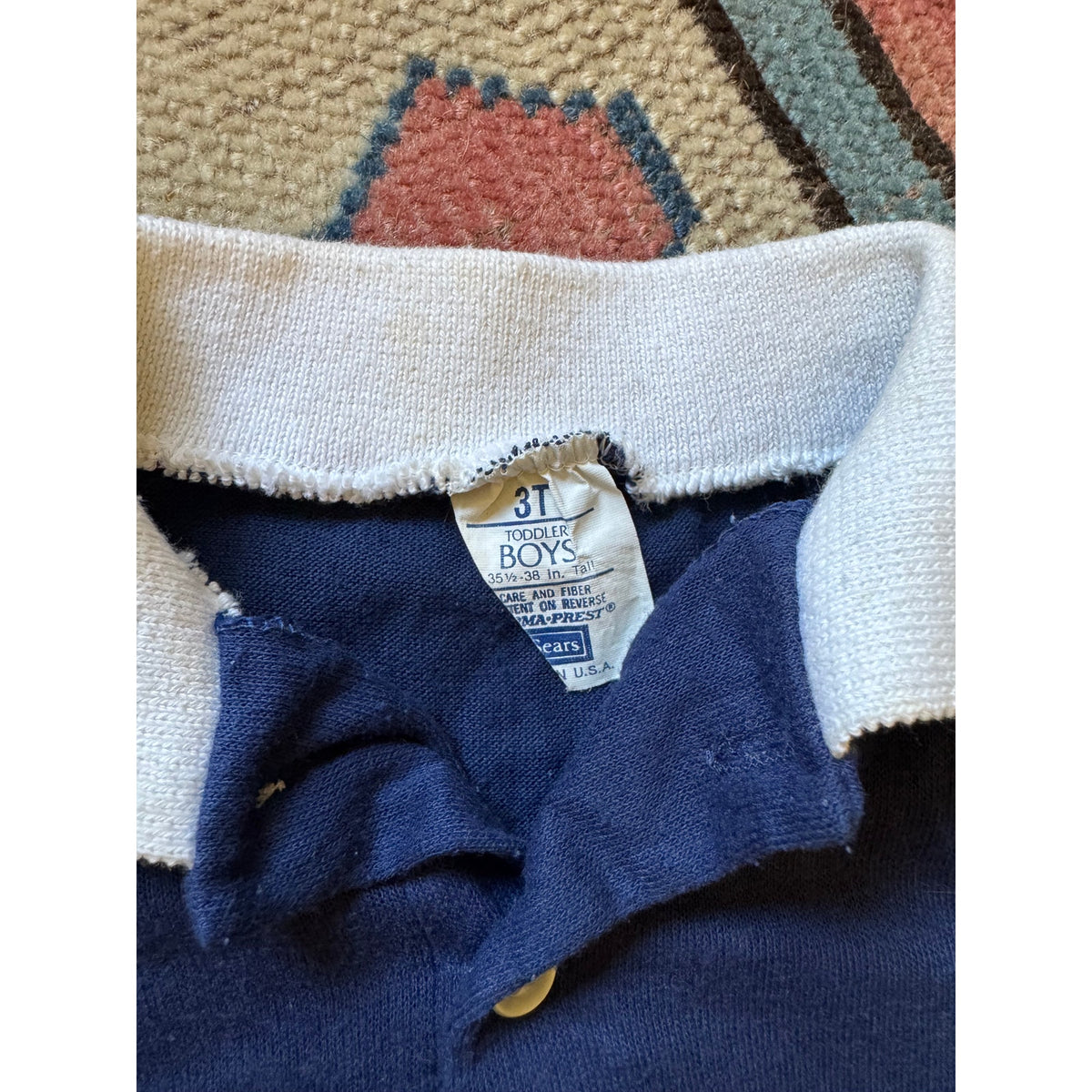 Vintage Sears Toddler Boys Navy Polo Shirt 3T Striped Collar Short Sleeve