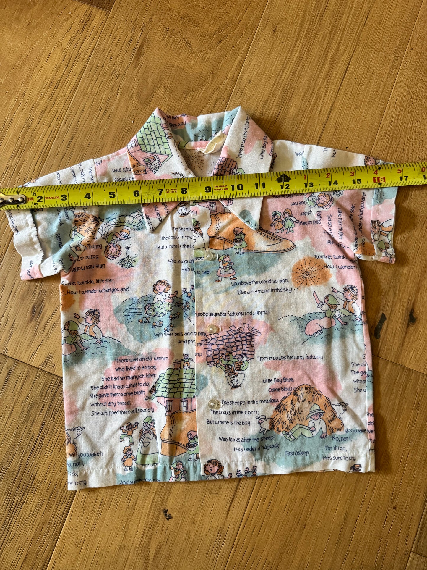 Vintage kids button down short sleeve shirt with nursery rhymes