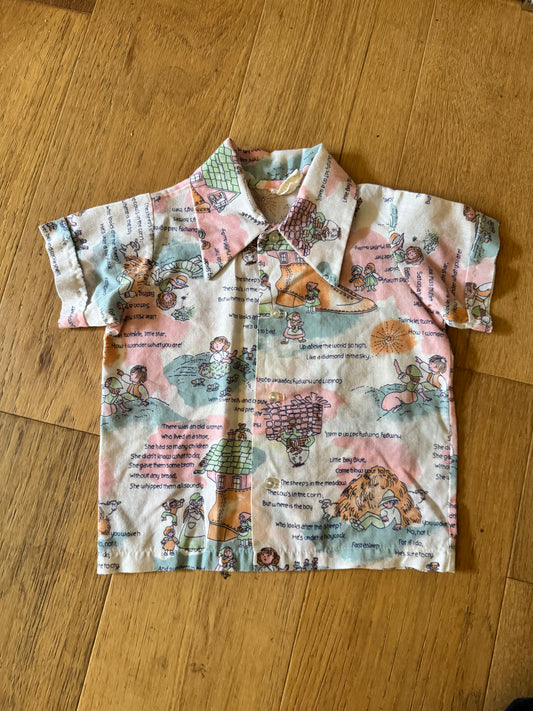 Vintage kids button down short sleeve shirt with nursery rhymes