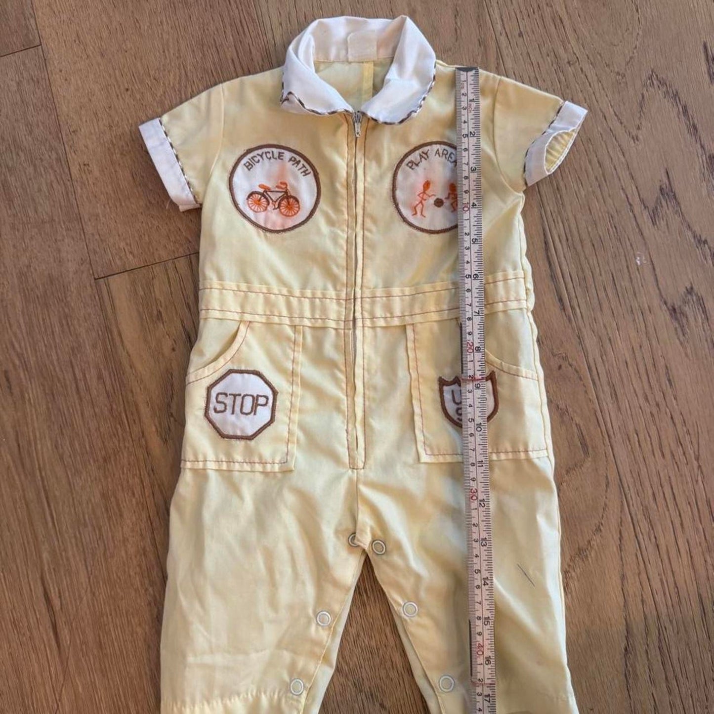 Vintage Baby Romper with Embroidered Patches / 0-6 months / Butter Yellow