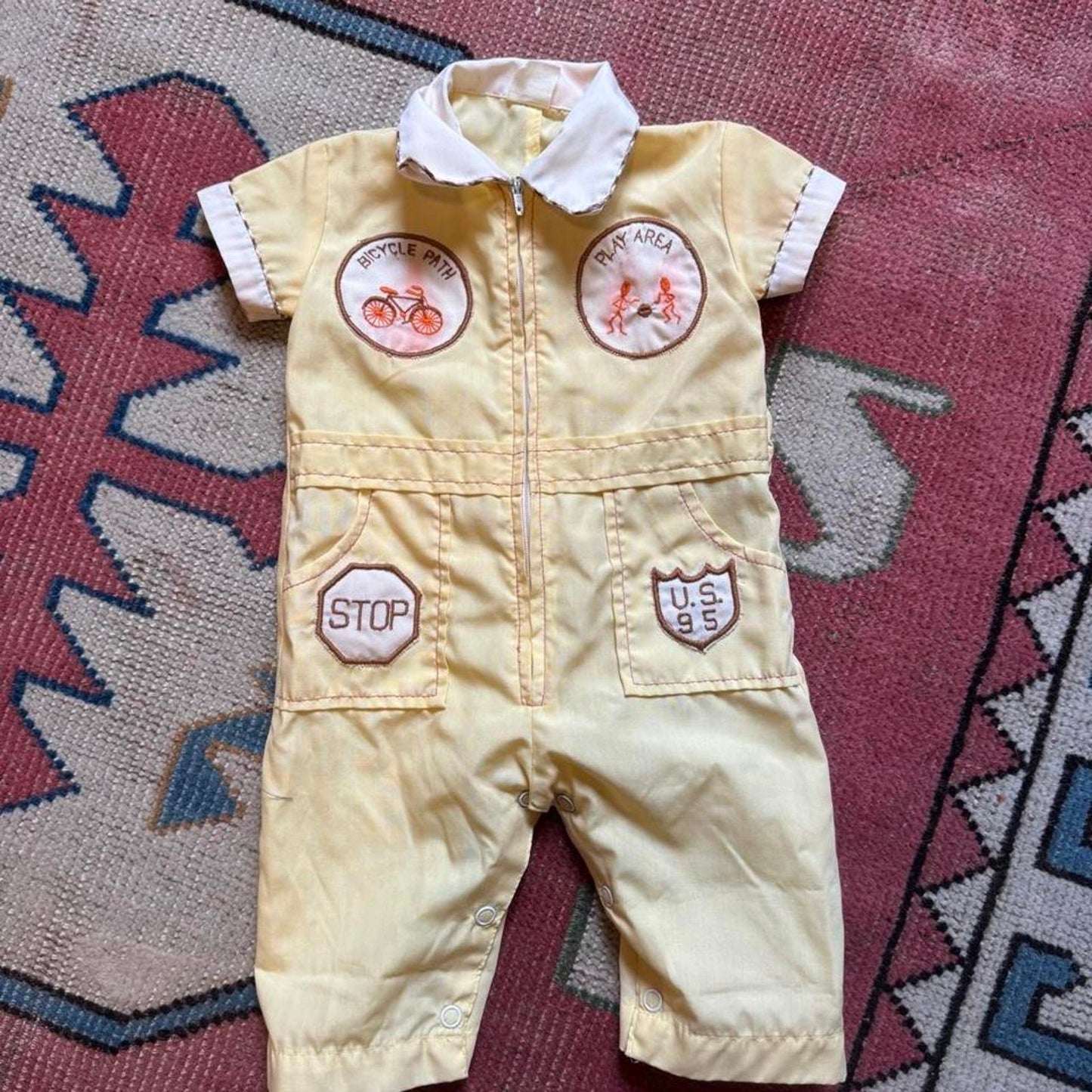 Vintage Baby Romper with Embroidered Patches / 0-6 months / Butter Yellow