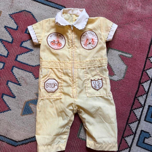 Vintage Baby Romper with Embroidered Patches / 0-6 months / Butter Yellow