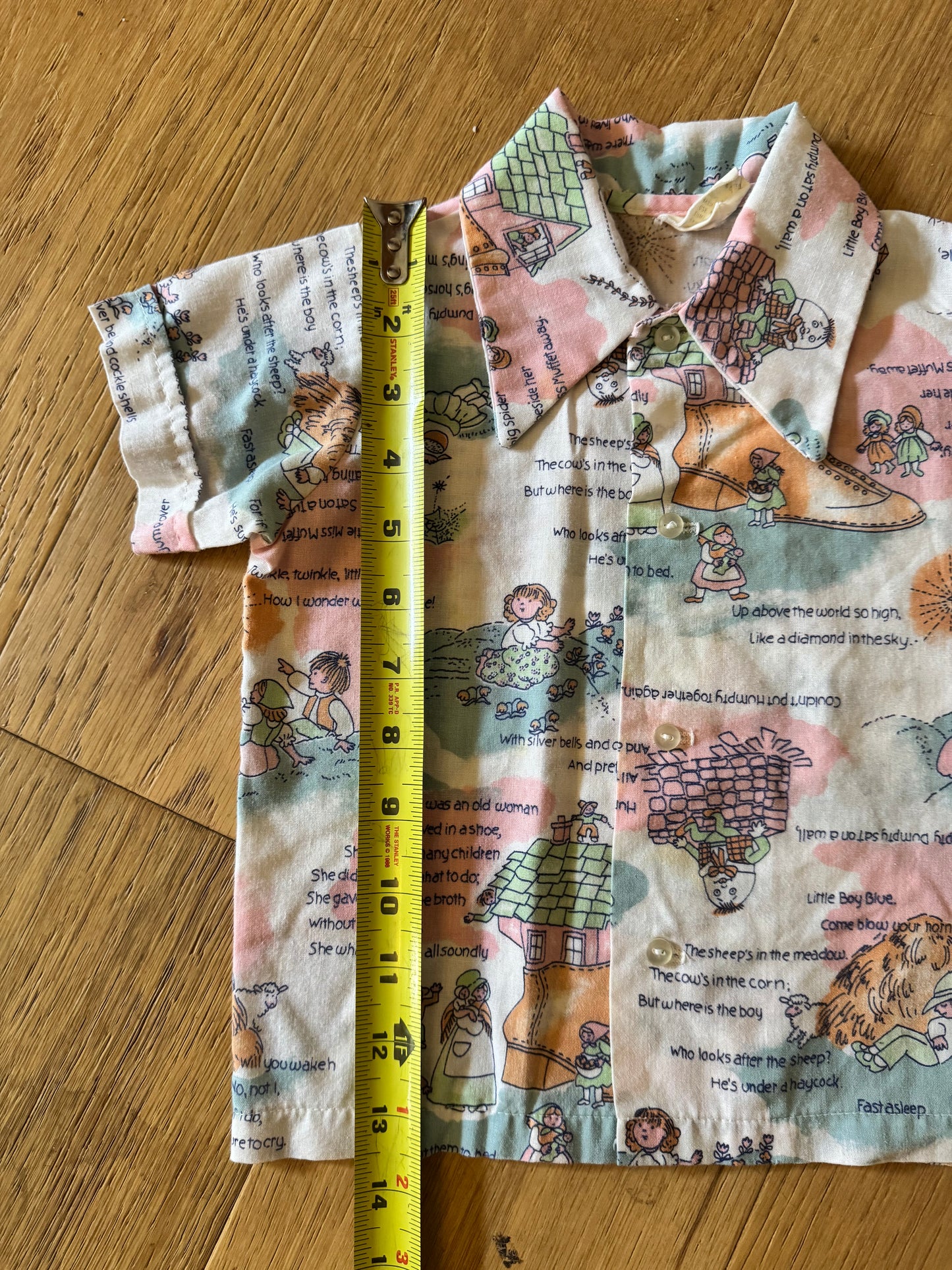 Vintage kids button down short sleeve shirt with nursery rhymes