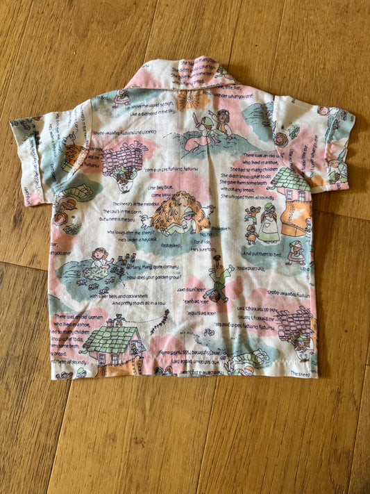Vintage kids button down short sleeve shirt with nursery rhymes