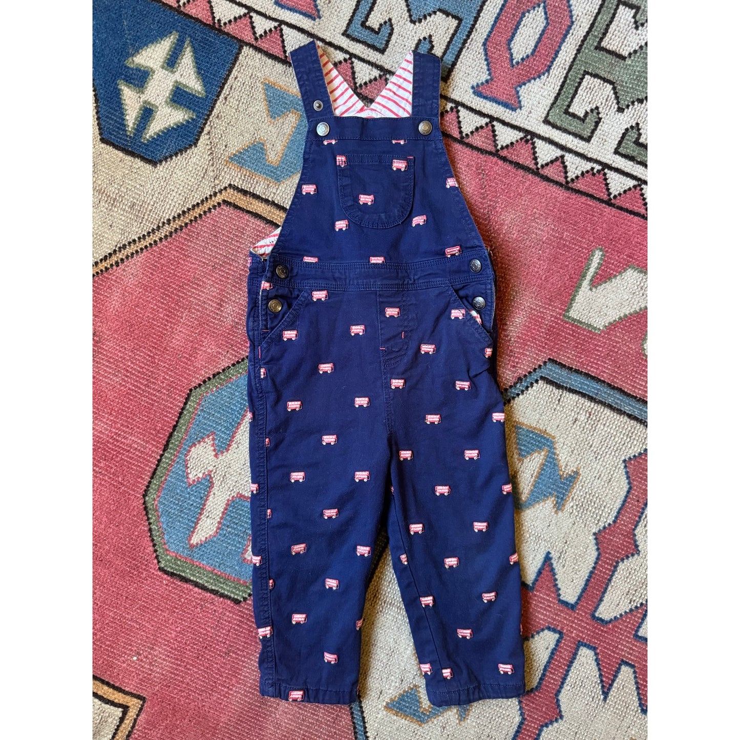Baby Boden Firetruck embroidered overalls with stripe detail | 2T