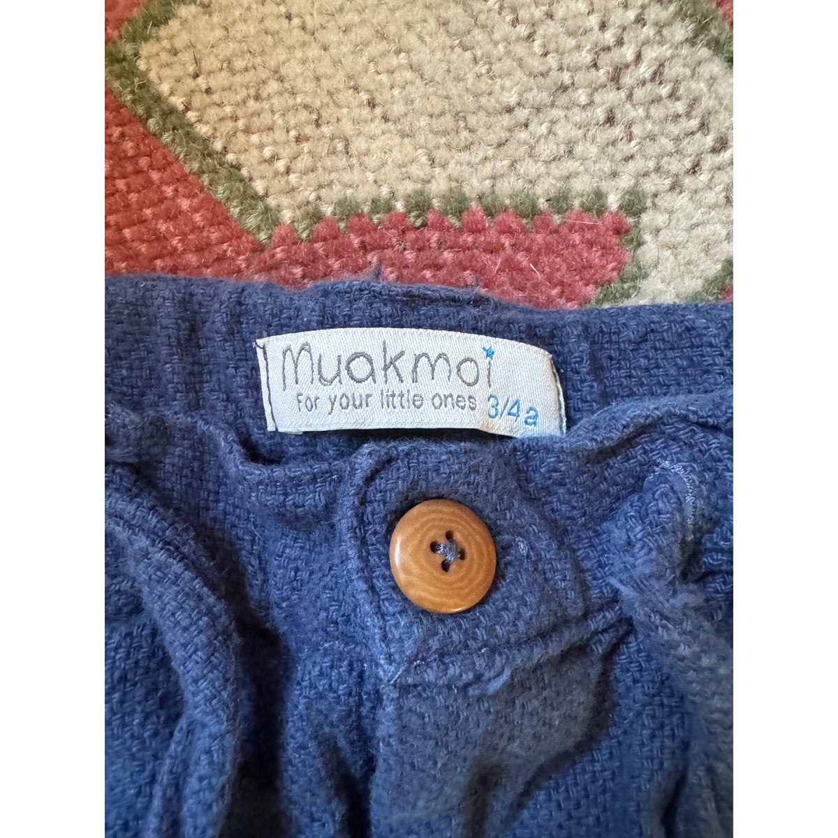 Muakmoi Toddler Navy Pants 3/4Y Drawstring Waist Button Cuff Boho Trousers