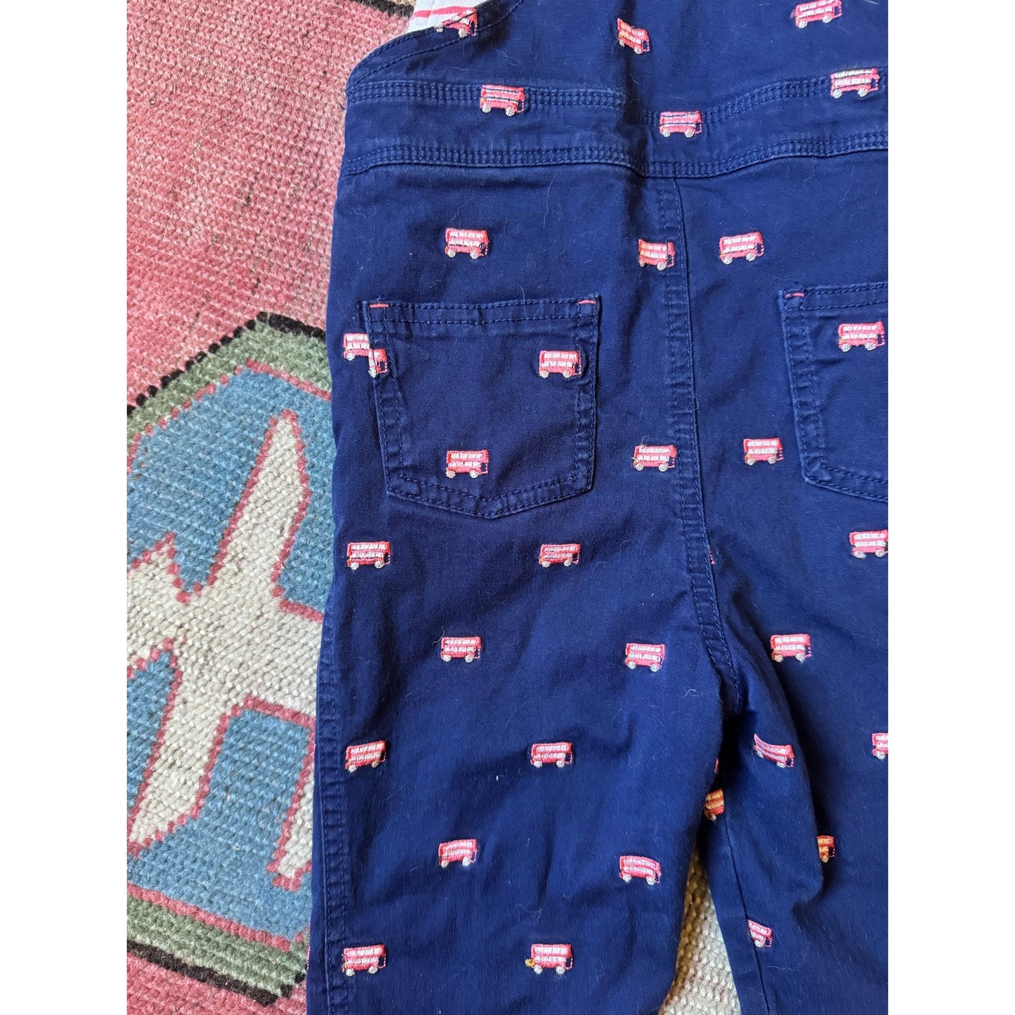 Baby Boden Firetruck embroidered overalls with stripe detail | 2T