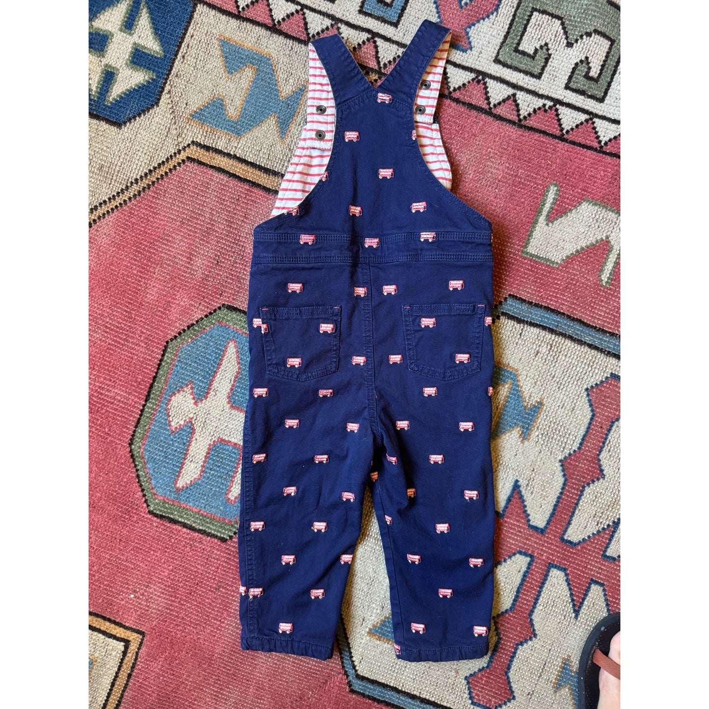 Baby Boden Firetruck embroidered overalls with stripe detail | 2T