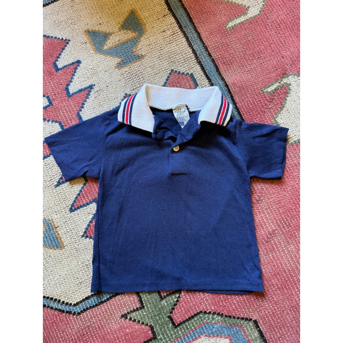 Vintage Sears Toddler Boys Navy Polo Shirt 3T Striped Collar Short Sleeve